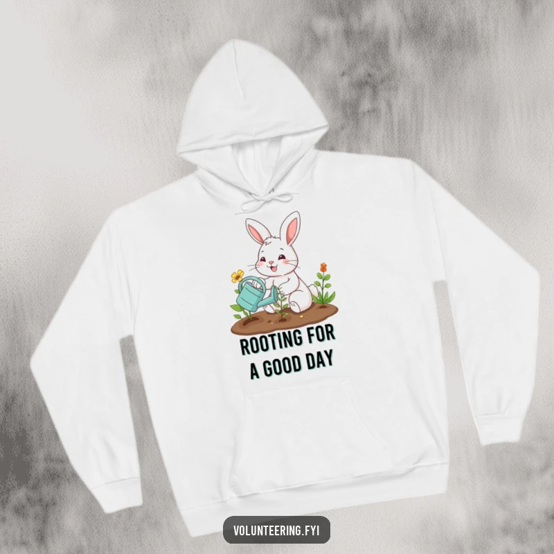 Funny hoodie with a smiling bunny planting a seedling, bringing humorous gardening vibes to everyday wear. Excellent funny gift.