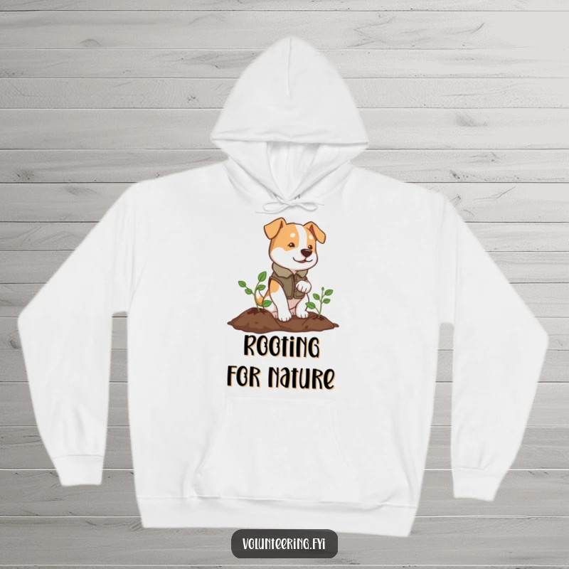 Funny hoodie featuring a determined dog in a vest, planting a tiny tree, promoting eco-friendly actions.