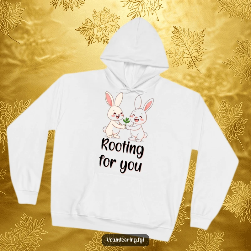 Funny hoodie with a joyful bunny giving a seedling to a happy friend, illustrating a heartwarming moment of connection.