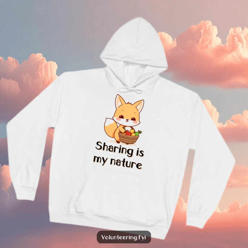 Funny Kawaii fox carrying a basket of food to share, cozy hoodie, cute generosity design.