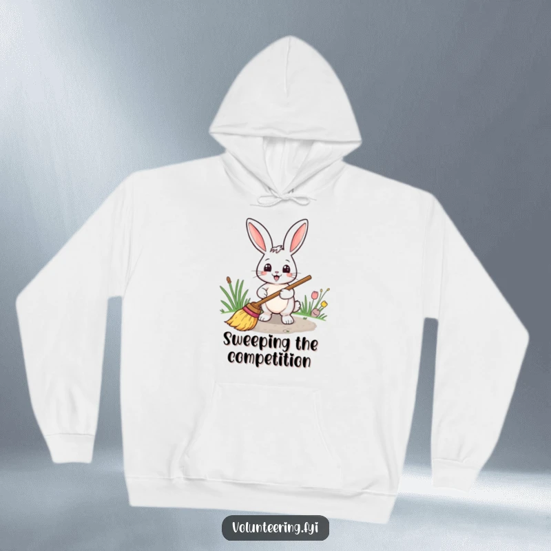Funny hoodie featuring a smiling rabbit with a broom, sweeping a path, symbolizing order and comfort.