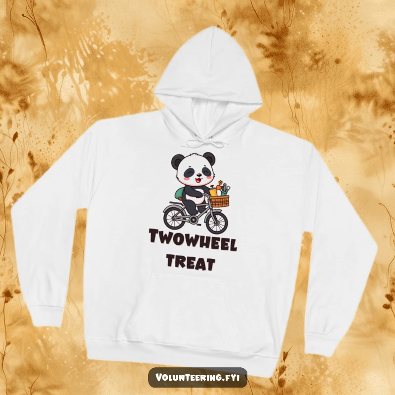 Funny Panda Bike Hoodie: A cartoon panda on a bicycle, loaded with supplies and giggling, designed for cozy adventures.