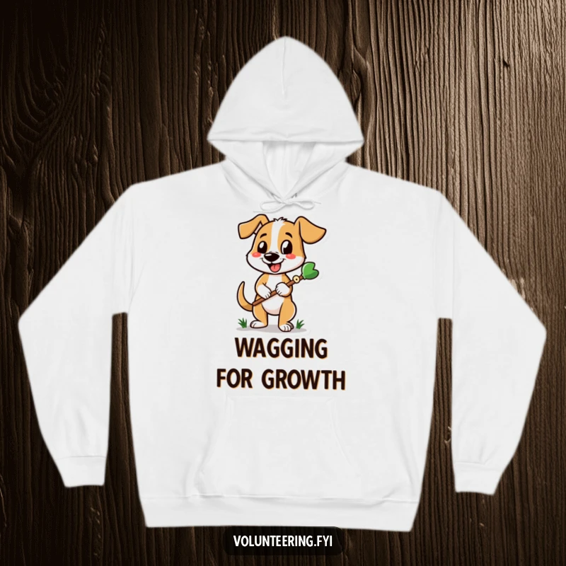 Funny dog hoodie showing a cheerful dog with a gardening tool, combining canine joy and gardening passion.