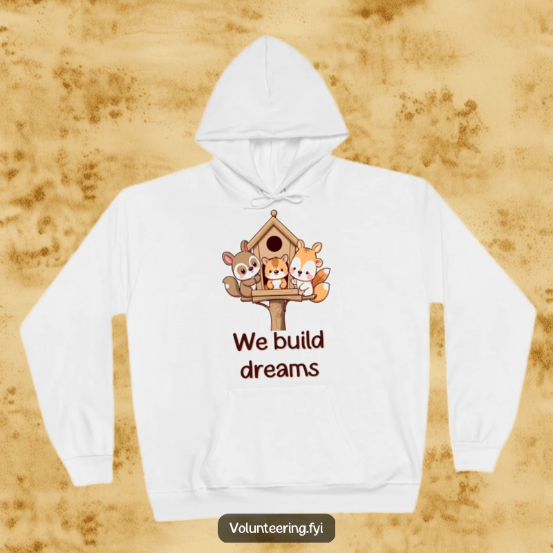 Funny hoodie of diverse animal friends collaborating on a birdhouse, radiating warmth and a sense of community.