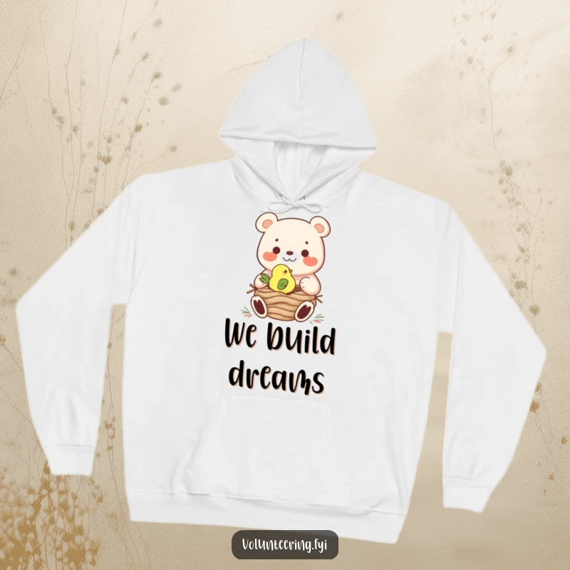 Funny Hoodie: A gentle bear assists a tiny bird with building a nest, illustrating a sweet and humorous act of kindness.