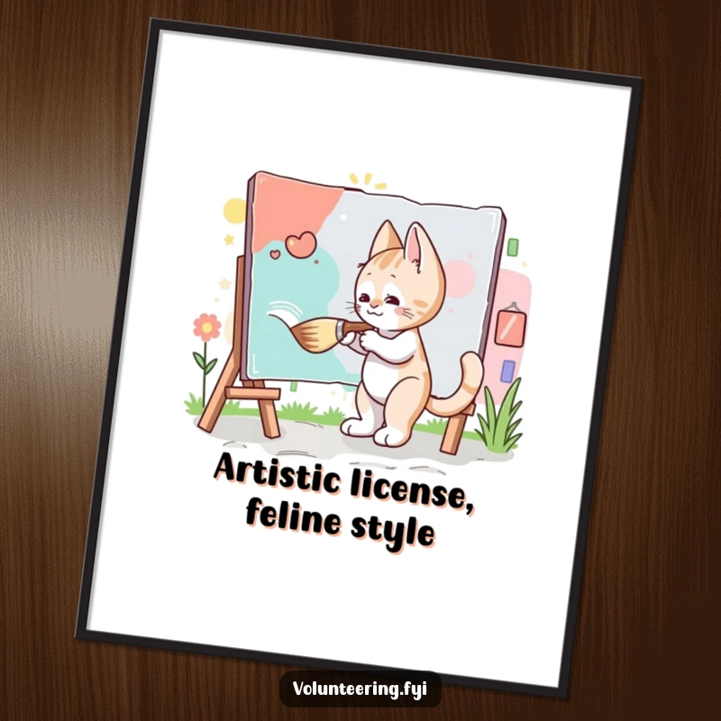 Funny Free Printable Wall Art: Diligent kitten paints a community mural with a giant brush, adding art.