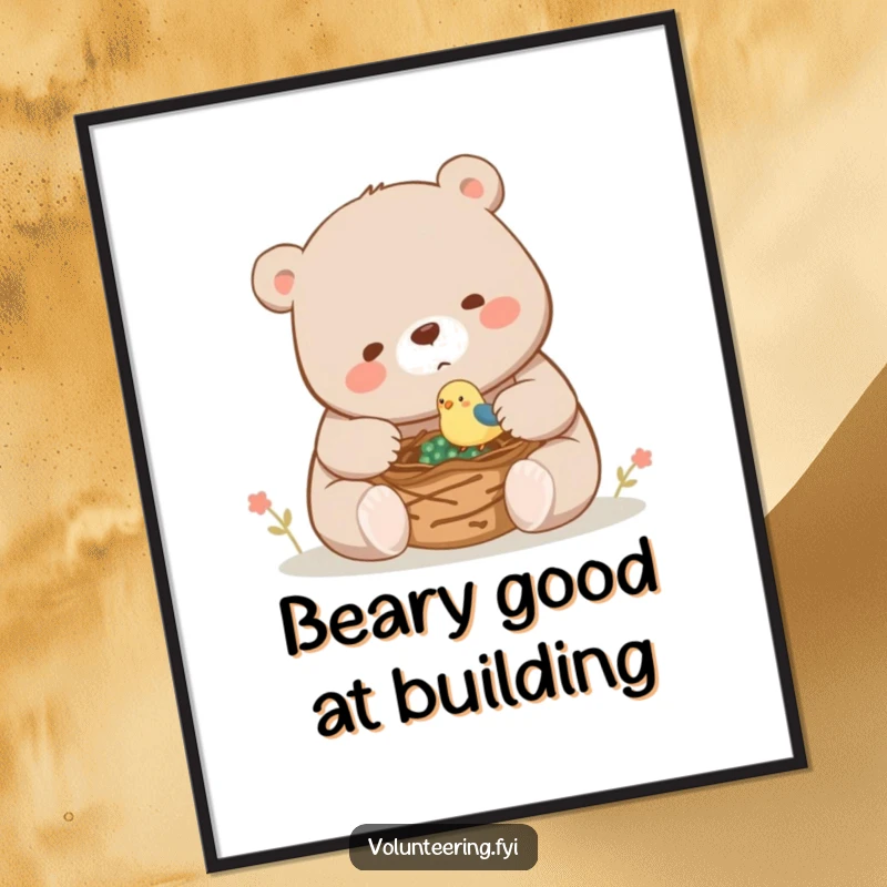 Funny Free Printable Wall Art depicts a playful bear assisting a tiny bird in building a nest, creating a heartwarming scene.