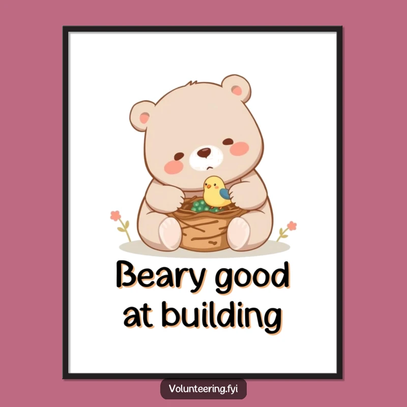 Funny Free Printable Wall Art: Bear Helps Bird Build Nest Art, Whimsical Downloadable Decor