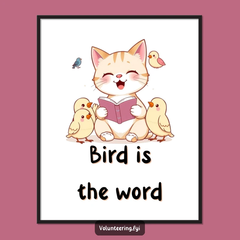 Free Printable Cat Reading Birds Art: Whimsical Downloadable Decor