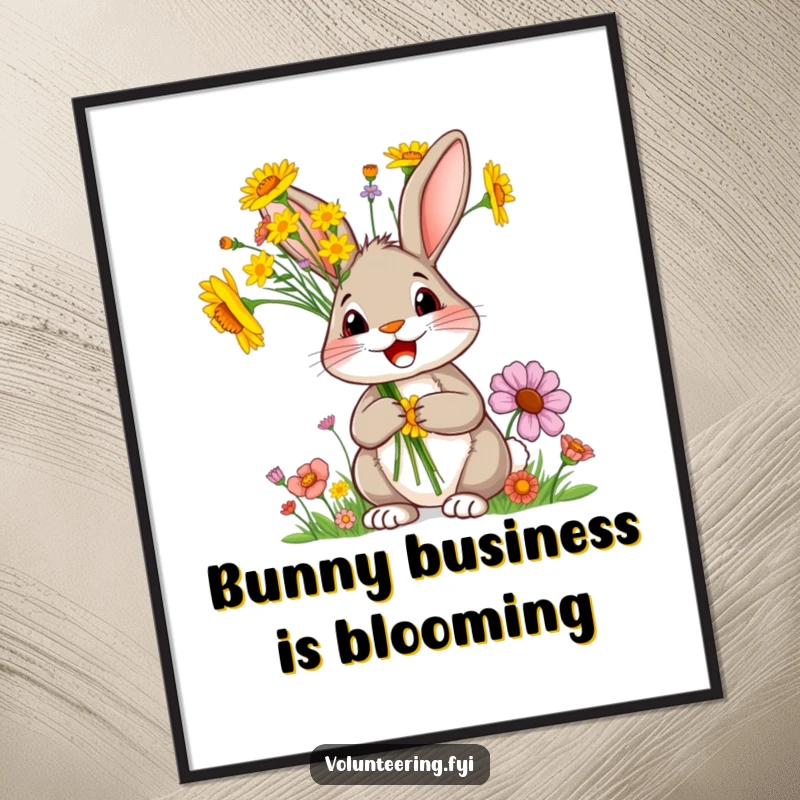 Funny Free Printable Rabbit Wall Art: A delighted rabbit holds a lively bunch of wildflowers, adding natural charm and humor to home decor. Downloadable beauty.