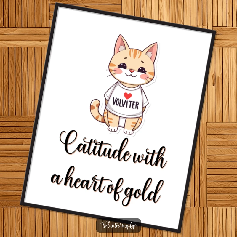 Funny Free Printable Wall Art: Adorable cat wearing a volunteer t-shirt, cute and helpful downloadable illustration