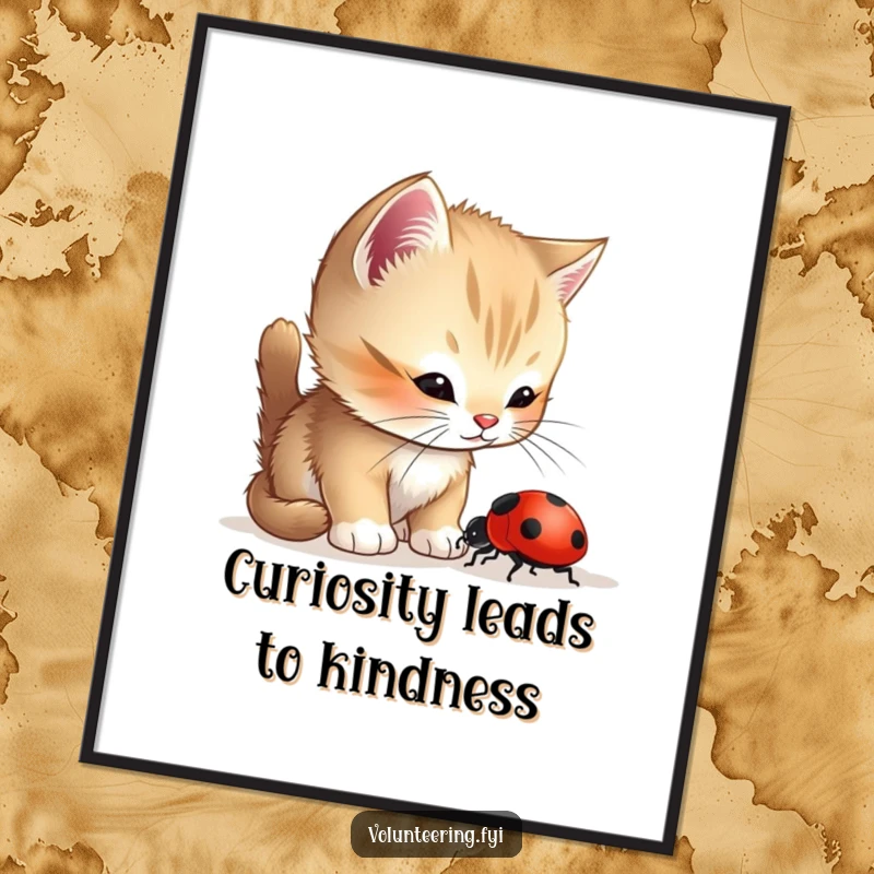 Funny Free Printable Wall Art: A curious kitten gently guides a lost ladybug, creating a heartwarming scene of friendship.