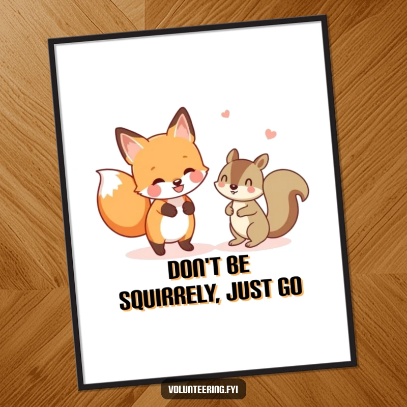 Funny free printable wall art: a cheerful fox guides a lost squirrel through the woods, a scene of helpful friendship.
