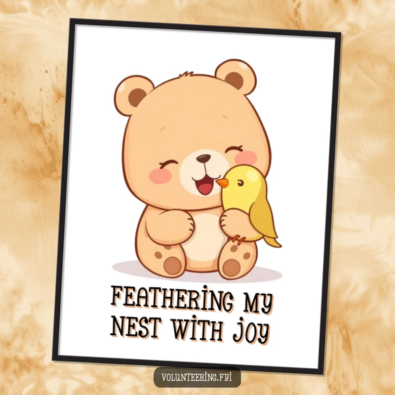 Funny free printable wall art: a giggling bear lovingly pets a small bird perched on its nose, showing gentle connection.