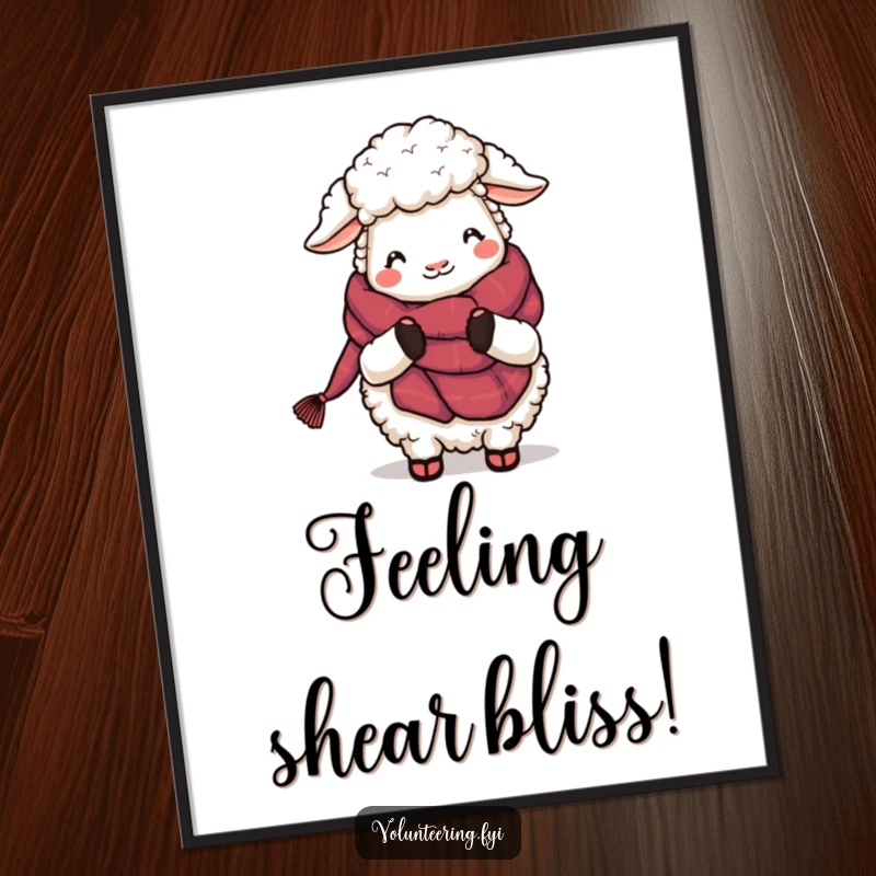Funny Free Printable Wall Art: A fluffy cartoon sheep sits contentedly knitting a long, colorful scarf, perfect for a cozy room.