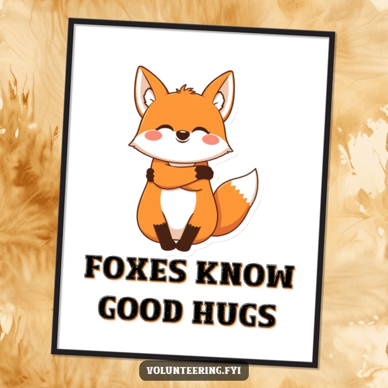 Funny Free Printable Fox Wall Art: A joyous fox shares a warm, comforting hug, exuding affection and humor. Ideal downloadable art for a cozy atmosphere.