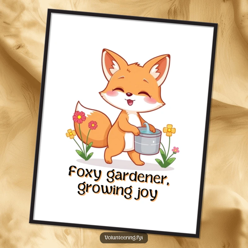 Funny Free Printable Wall Art: A giggling fox carefully carries a bucket of water to nourish thirsty flowers, a humorous downloadable scene.