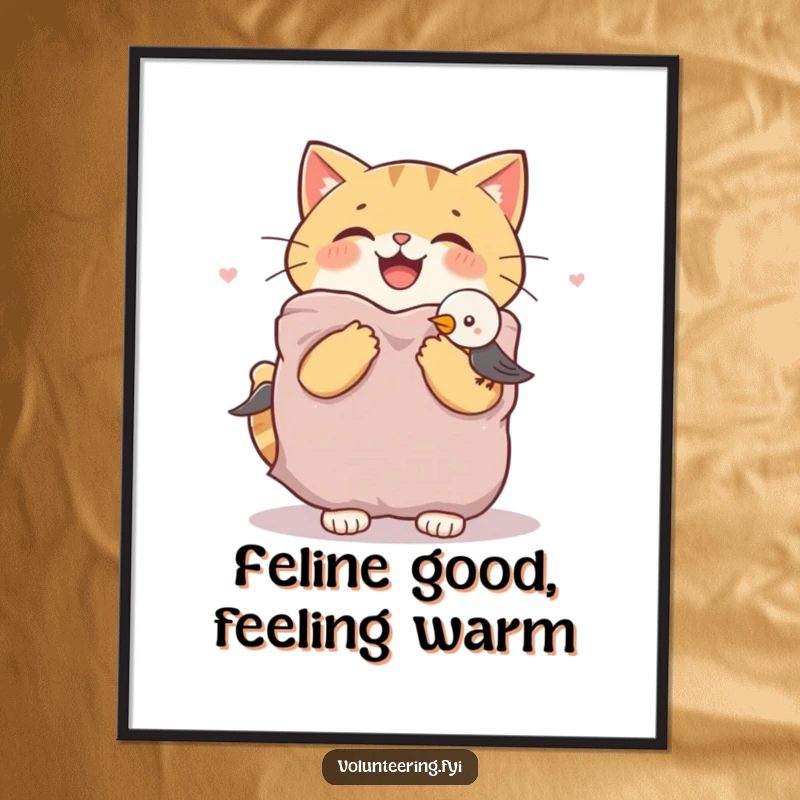 Funny Free Printable Wall Art: A joyful cat offers a soft blanket to a shivering bird, creating a scene of sweet comfort.