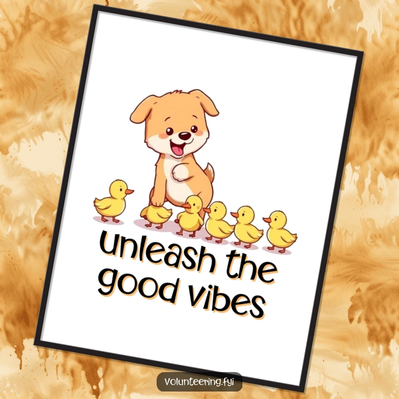 Funny Free Printable Wall Art: A playful dog guides a troop of lost ducklings with gentle encouragement and a happy demeanor.