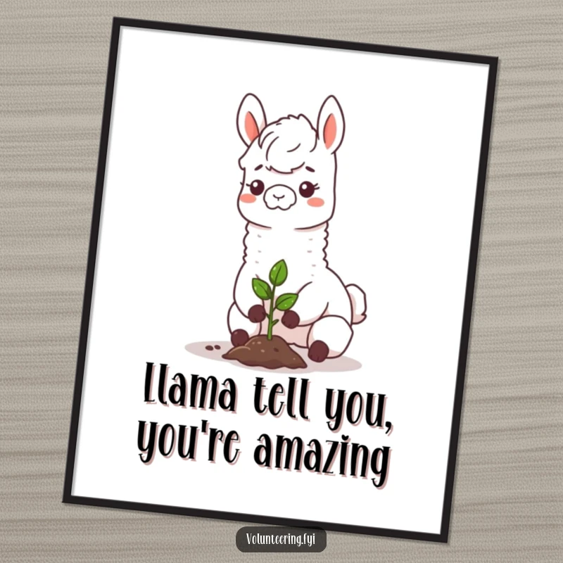 Funny Free Printable Wall Art: A happy llama planting a small sapling with a gentle smile, embodying eco-growth and serenity.