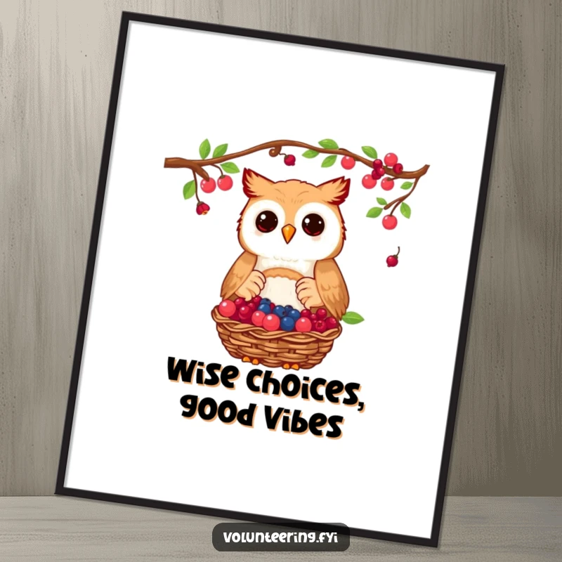 Funny Free Printable Wall Art: A proud owl presents a full basket of berries, radiating generosity and wisdom.