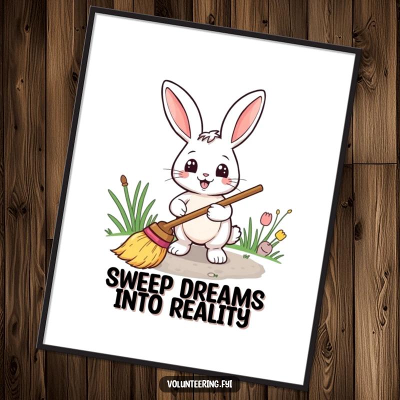 Funny free printable wall art featuring a smiling rabbit diligently sweeping a path with a broom, creating a scene of neatness and gentle purpose.
