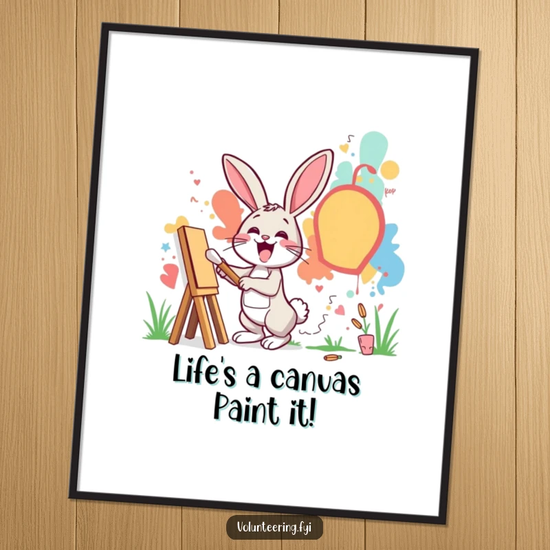 Funny Free Printable Wall Art: An excited rabbit joyfully paints a large mural on a community wall. Creative DIY art.