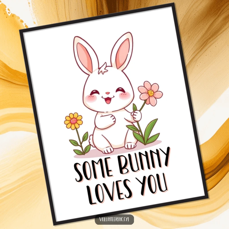Funny Free Printable Wall Art: A friendly rabbit extends a beautiful flower with a warm, inviting smile.