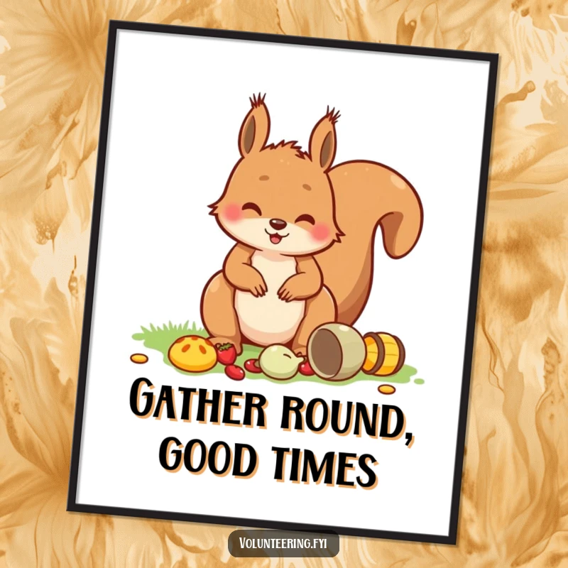 Funny Free Printable Wall Art: A smiling squirrel happily tidies scattered picnic items, embodying organized cuteness.