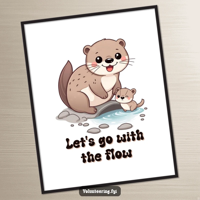 Funny Free Printable Otter Wall Art: A happy otter character is assisting a smaller animal in crossing a small stream, depicting kindness.