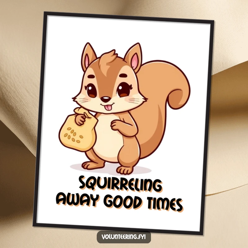 Funny Free Printable Squirrel Wall Art: A determined squirrel character carries a bag of seeds, looking helpful and ready to share.