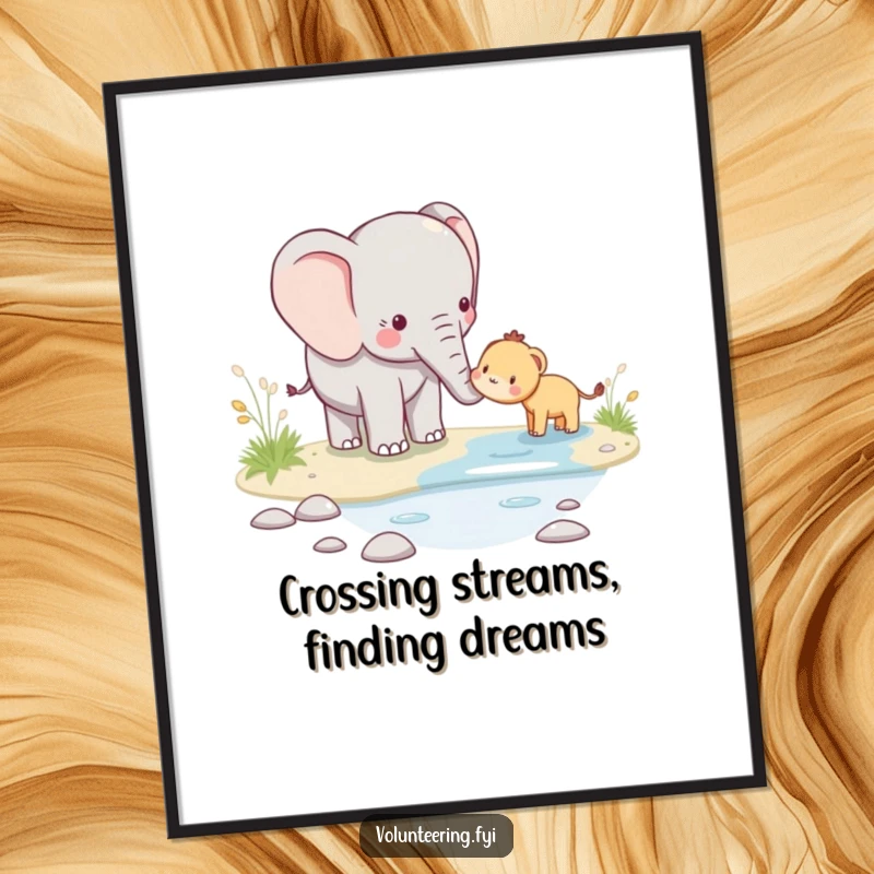 Funny Free Printable Wall Art: A kawaii elephant supports a smaller animal crossing a stream, radiating warmth and helpfulness.