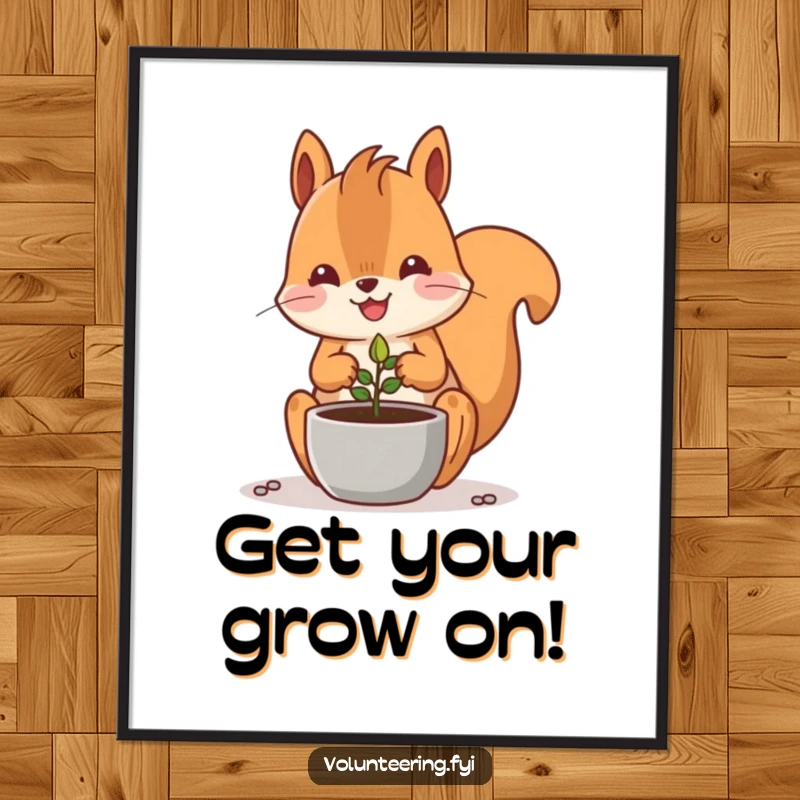 Funny Free Printable Wall Art: Adorable Kawaii squirrel planting a tiny seed, cute and inspiring, a whimsical downloadable piece.