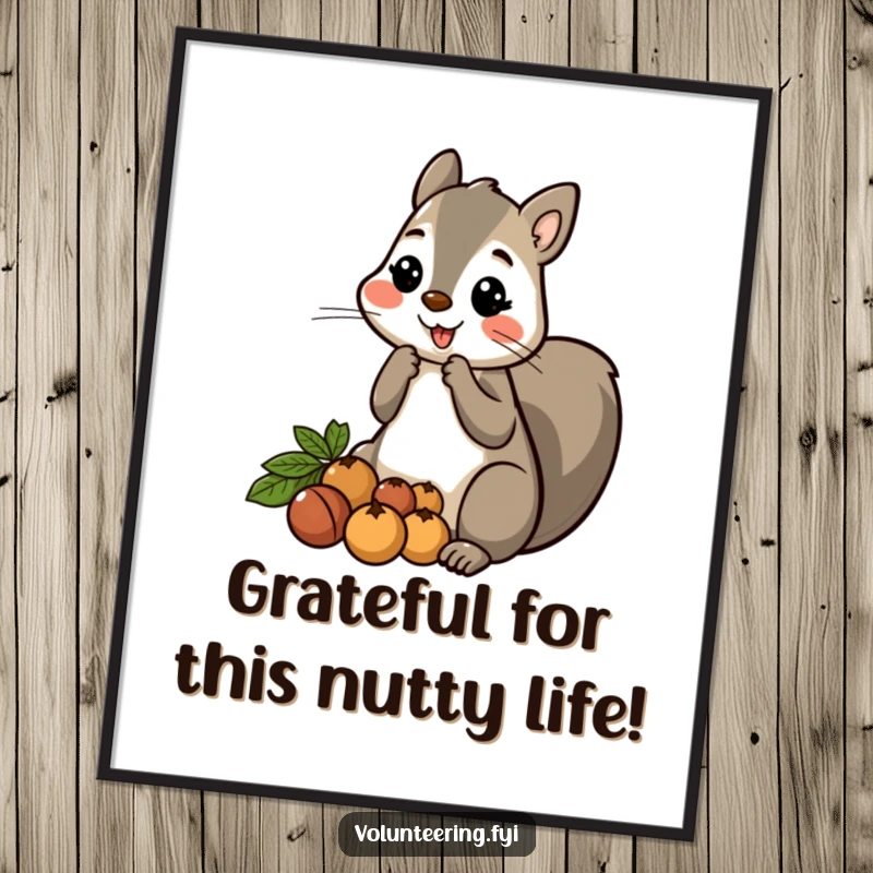 Funny Free Printable Wall Art: A friendly cartoon squirrel is shown gathering and sharing nuts, creating a humorous, generous forest scene.