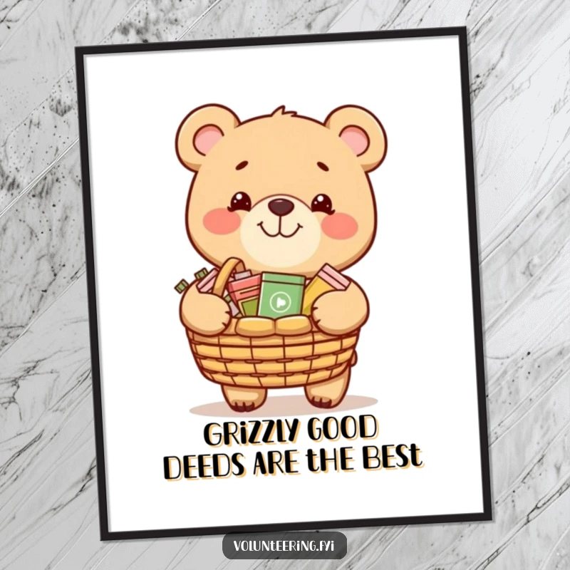 Funny Free Printable Wall Art: A grinning bear carries a basket of donated items. Heartwarming DIY art.