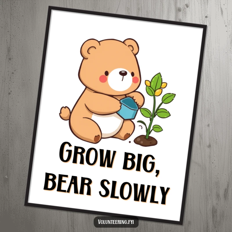 Funny Free Printable Bear Wall Art: A contented bear carefully waters a small plant, symbolizing patience and growth. Charming downloadable decor for a peaceful vibe.