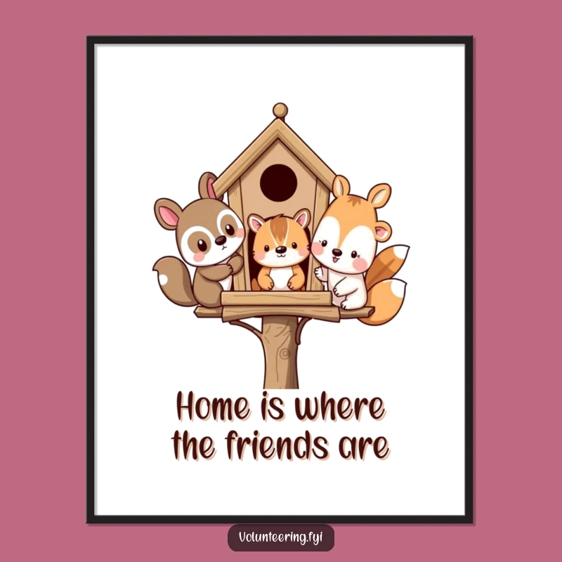 Funny Free Printable Wall Art: Animal Friends Building Joyful Birdhouse Downloadable Art