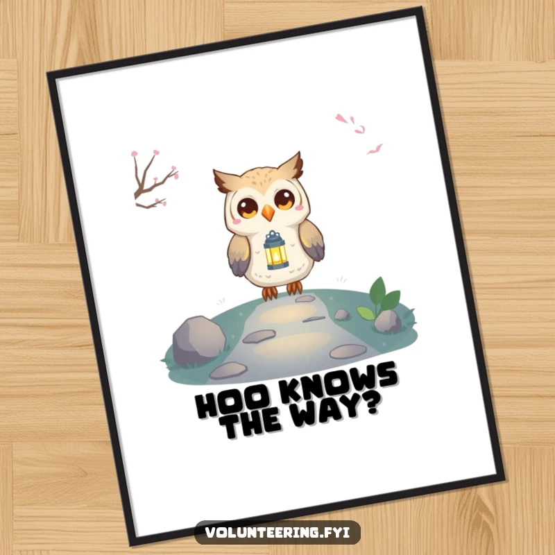 Funny Free Printable Wall Art: Owl Guides Path with Lantern, Inspiring Wisdom, Cheerful Glow, Night Scene.