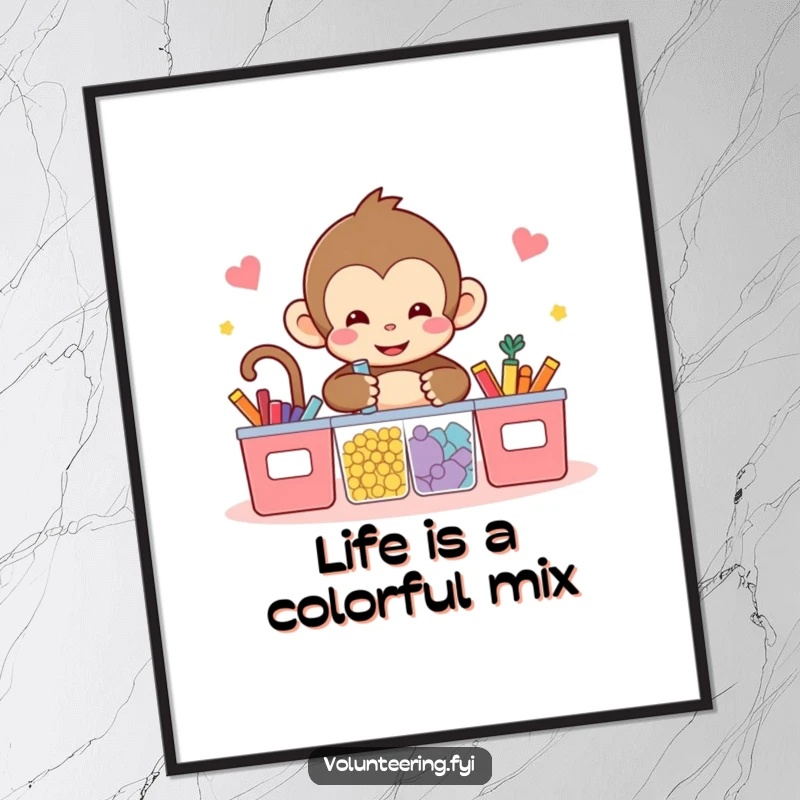 Funny Free Printable Wall Art: A kawaii monkey sorts vibrant items into different bins, celebrating order and playful tidiness.