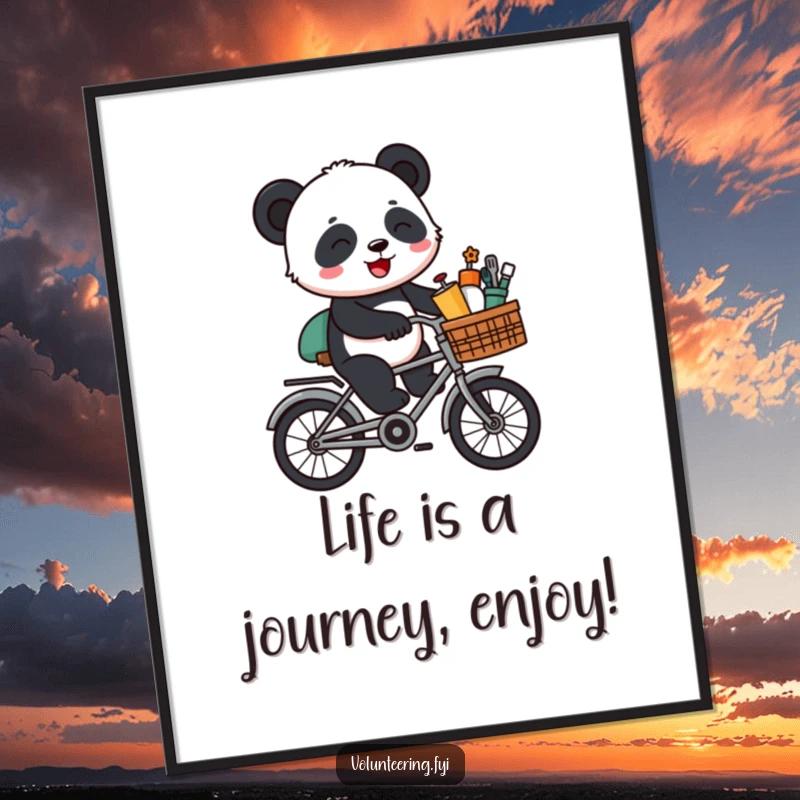 Funny Free Printable Wall Art: A giggling cartoon panda pedals a bicycle laden with supplies through a scenic landscape.