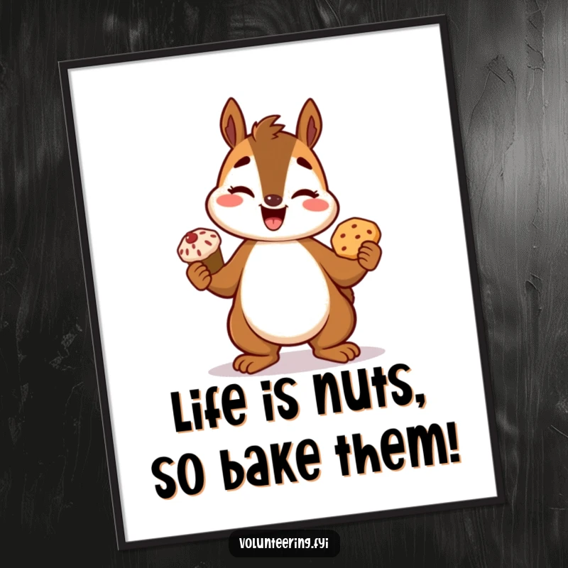 Funny Free Printable Squirrel Wall Art: A giggling squirrel proudly displays a delicious baked treat, adding cozy and humorous vibes to any home. Downloadable joy.