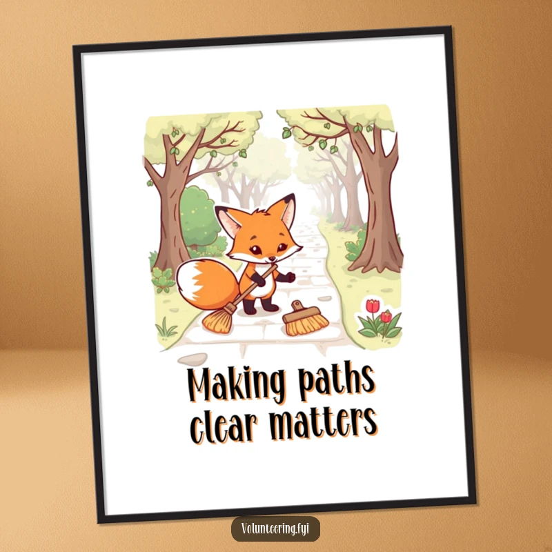 Funny Free Printable Wall Art: Determined fox with a broom tidying a park path with great focus, bringing clean vibes.