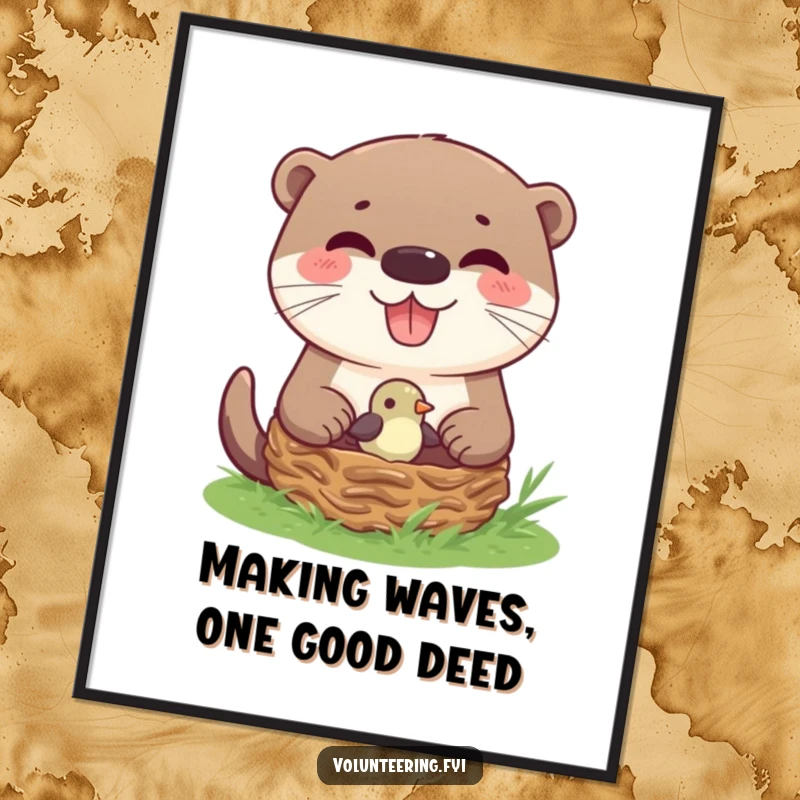 Funny Free Printable Wall Art: Otter Carefully Nests Bird, Whimsical Woodland Creature Scene, Joyful and Helpful.