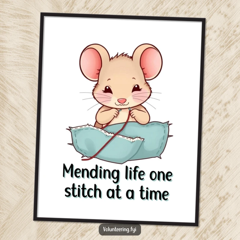 Funny Free Printable Wall Art: Contented mouse skillfully patching a torn fabric with a miniature needle and thread, charming decor.
