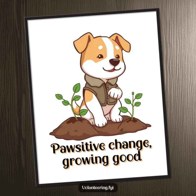 Funny Free Printable Wall Art: A determined dog in a vest proudly plants a tiny tree, an inspiring downloadable scene.