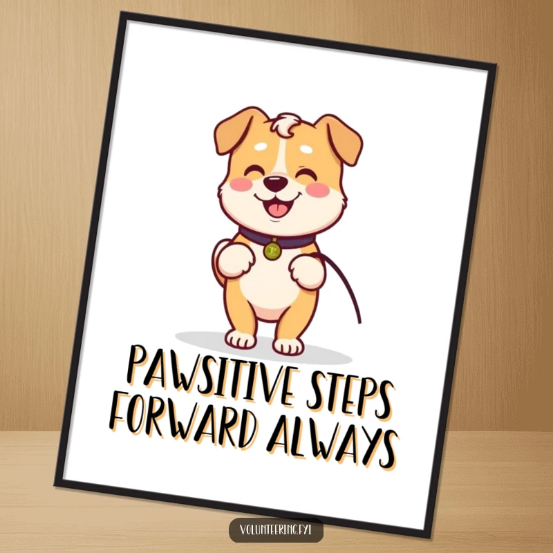 Funny Free Printable Wall Art: A friendly Kawaii dog happily holds a leash, inviting a walk outdoors.