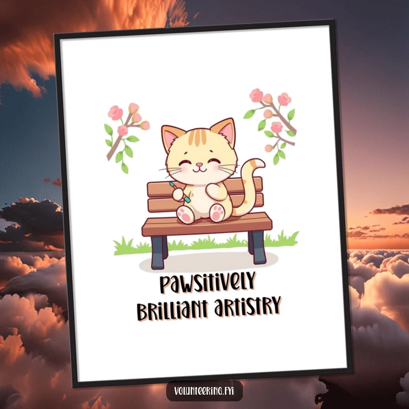 Funny Free Printable Wall Art: A playful Kawaii cat painting vibrant colorful stripes on a park bench, art lover's delight.