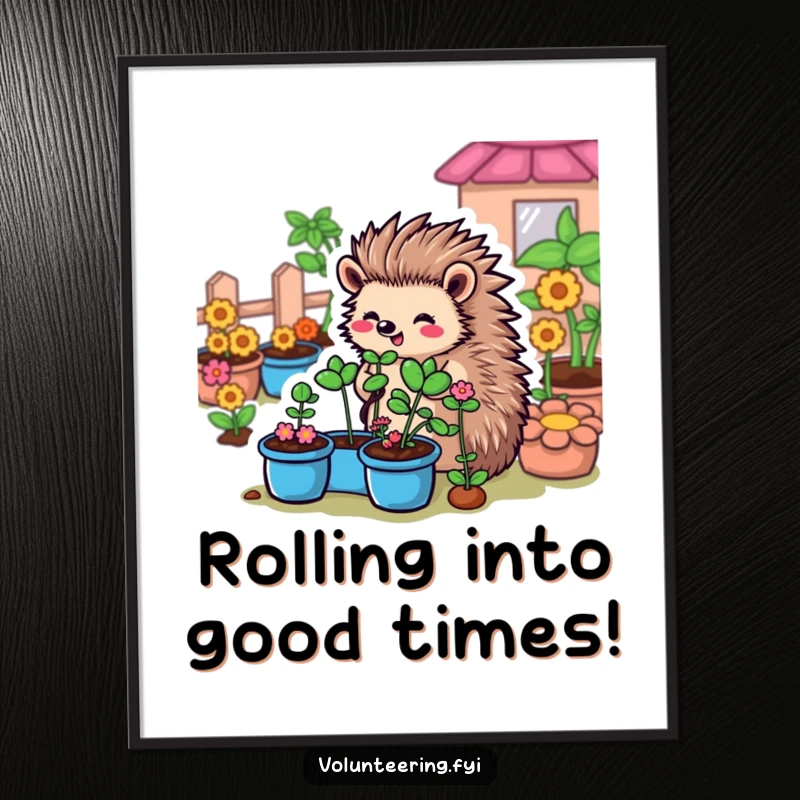 Funny Free Printable Wall Art: A sweet cartoon hedgehog diligently organizes a lush community garden, creating a charming scene.