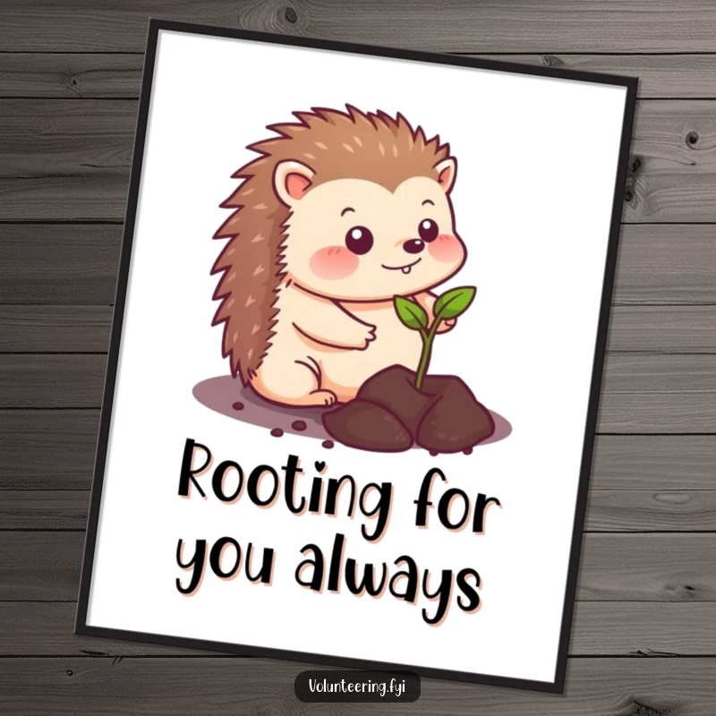 Funny Free Printable Wall Art: A kawaii hedgehog lovingly plants a seedling, embodying growth and cheerful optimism.