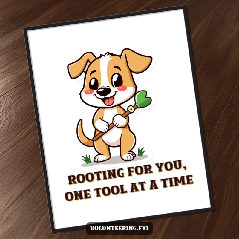 Funny Free Printable Wall Art: A cheerful cartoon dog wagging its tail, holding a gardening tool, ready to beautify any space.